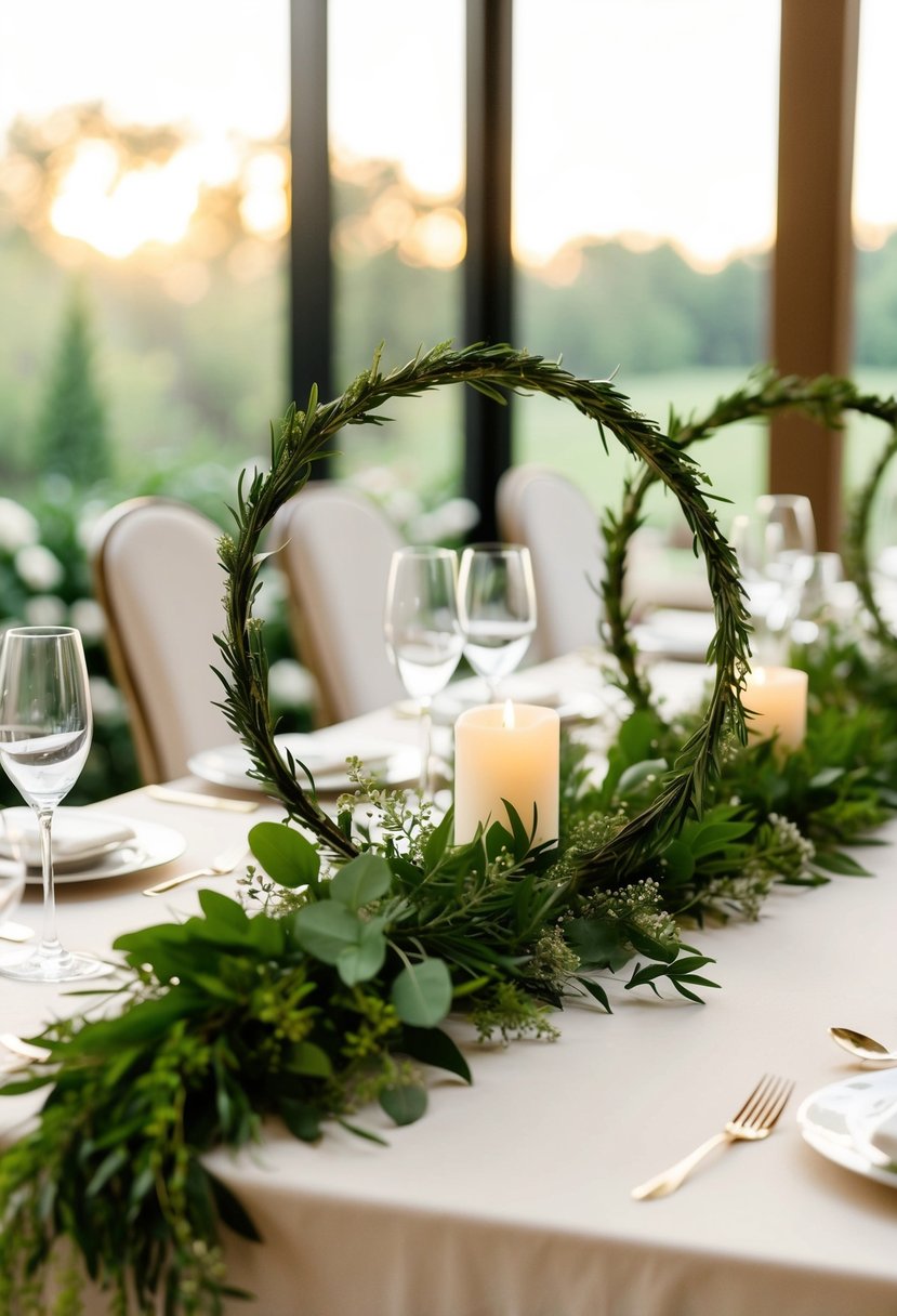 A table adorned with intertwined greenery hoops, creating a natural and elegant wedding centerpiece