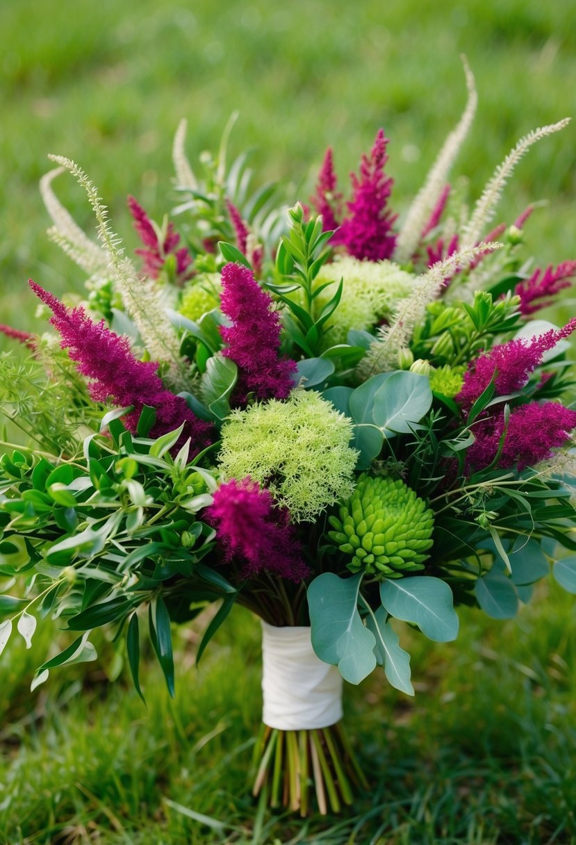 A vibrant arrangement of lush ruscus and grass, creating a full and textured greenery wedding bouquet