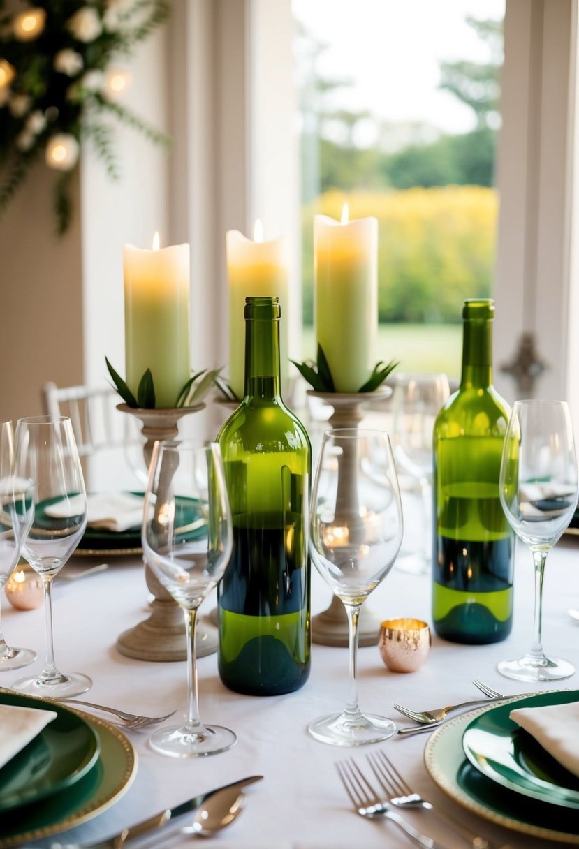 A table set with green wine bottle candle holders, creating an elegant and romantic atmosphere for a wedding celebration