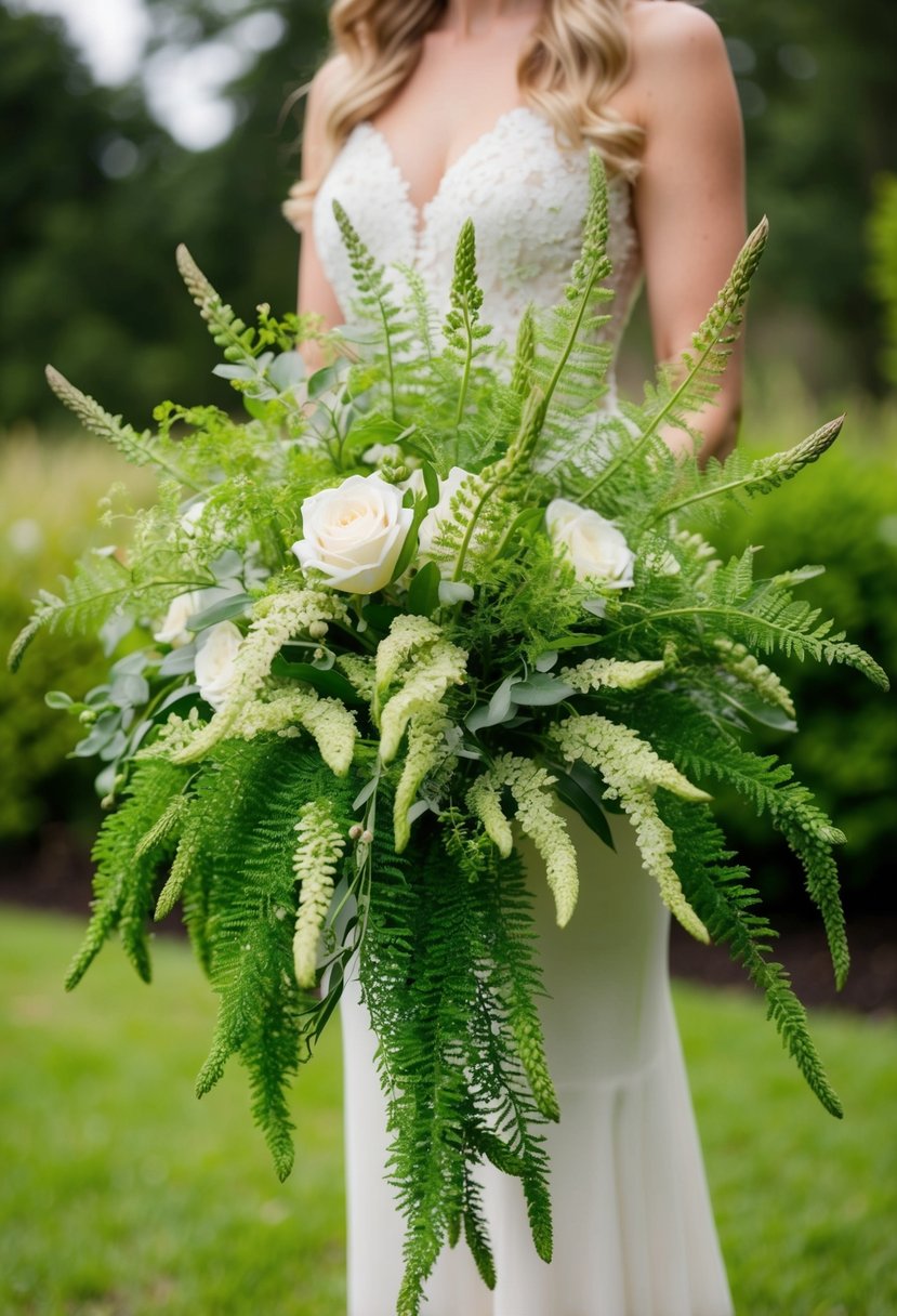 A lush, cascading bouquet of whimsical asparagus ferns, accented with delicate greenery, creates a dreamy and enchanting wedding bouquet idea