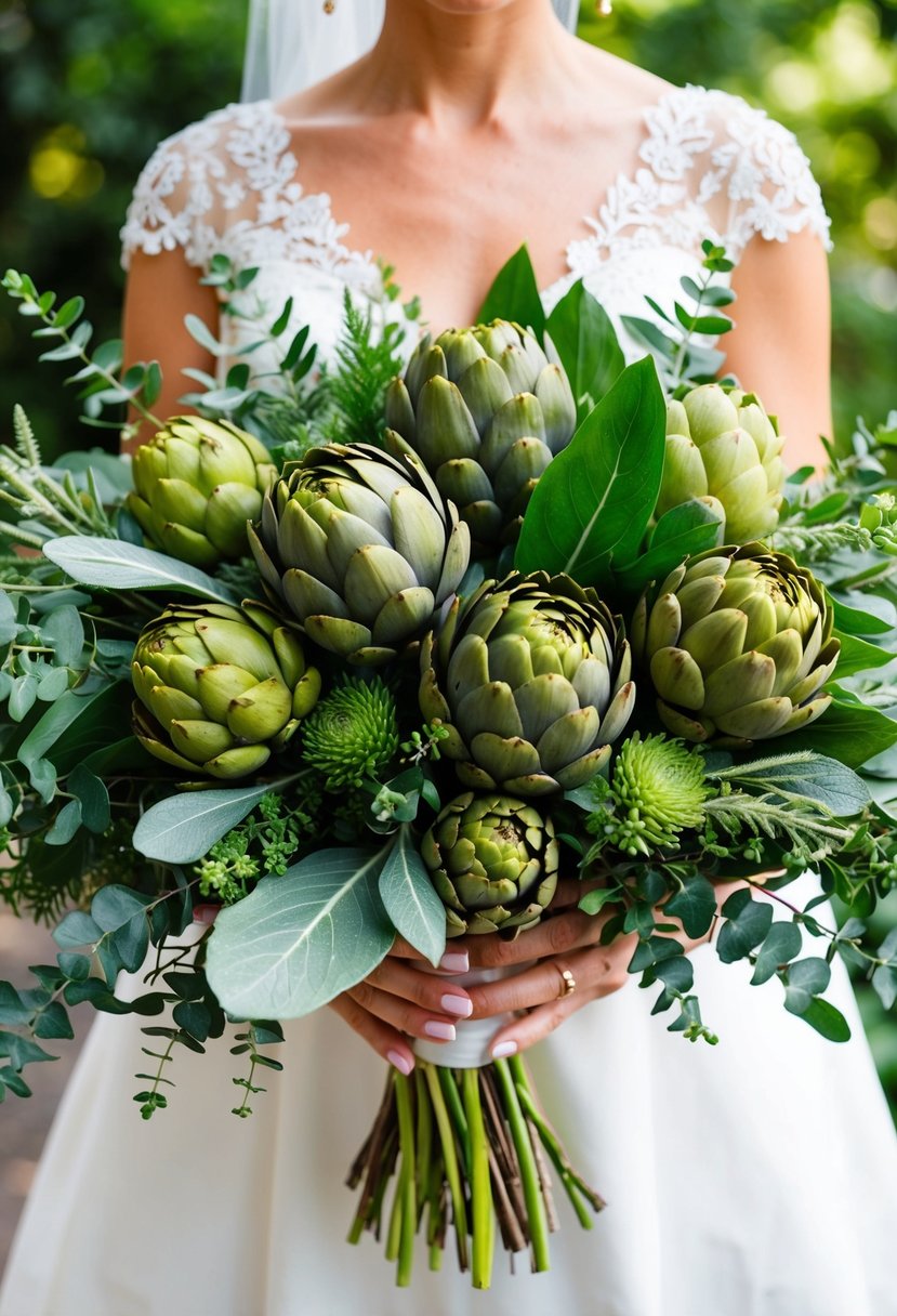 A vibrant bouquet of bold artichokes and sage, accented with lush greenery, creates a striking and unique wedding arrangement