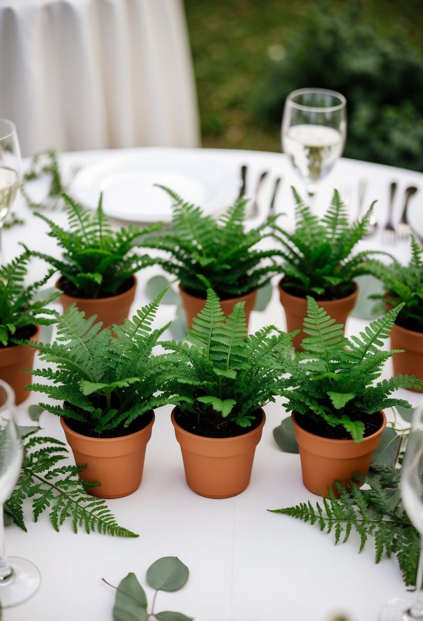 Miniature ferns arranged in small pots on a wedding table, surrounded by greenery and delicate decorations