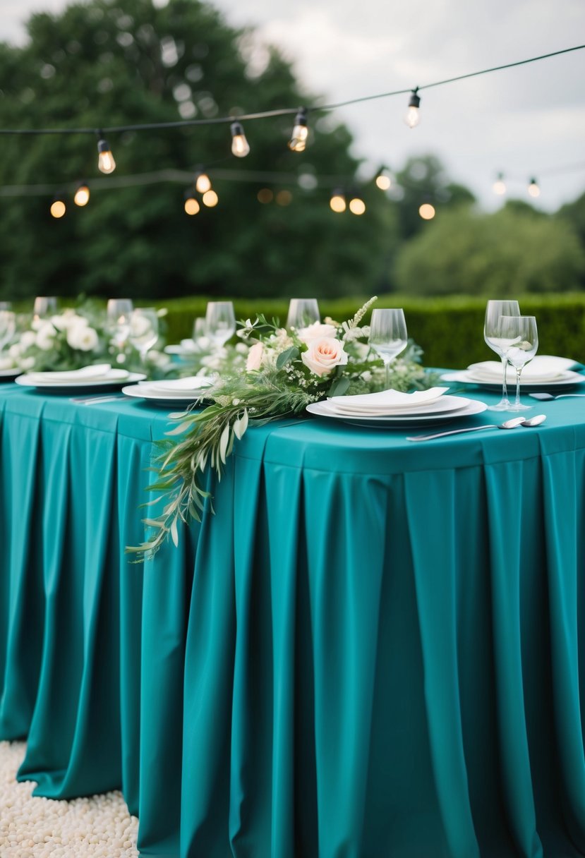 A teal tablecloth drapes over a table, adorned with greenery and floral decorations, creating a serene and elegant wedding table setting