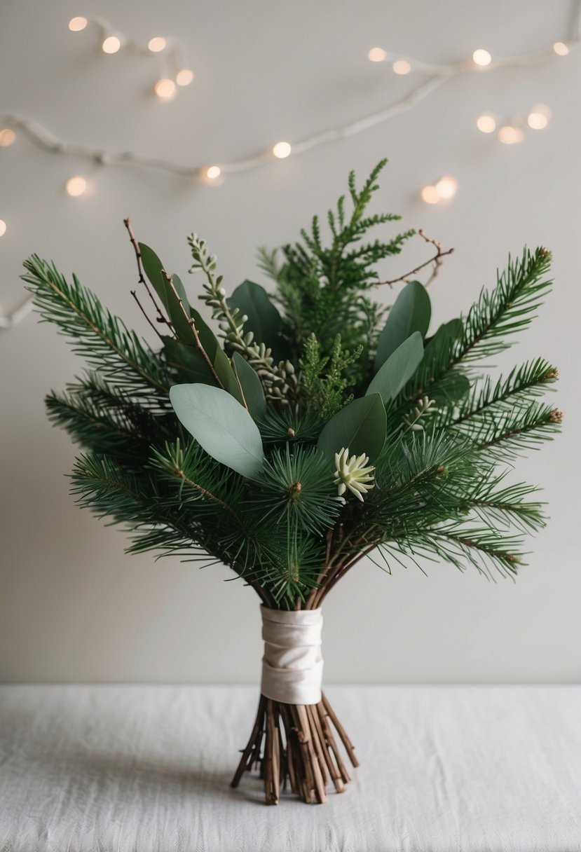 A simple, elegant wedding bouquet of cedar and pine, with greenery arranged in a minimalist style