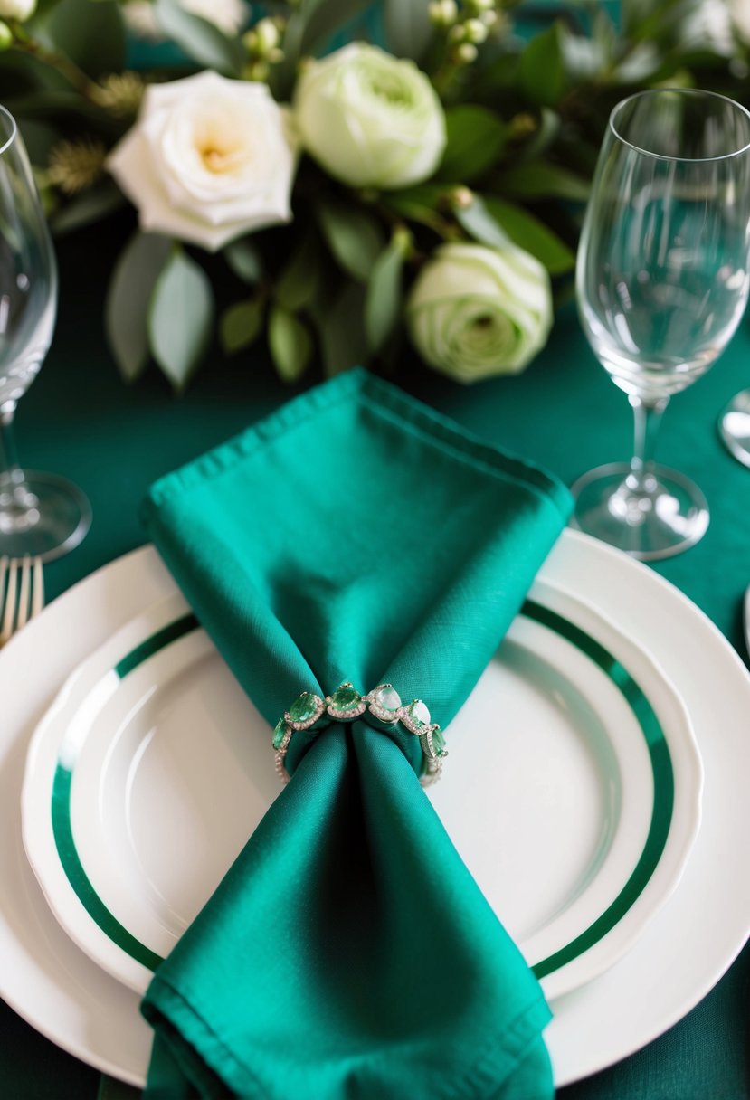 An emerald green napkin is elegantly folded and placed on a table setting, surrounded by matching green wedding decor