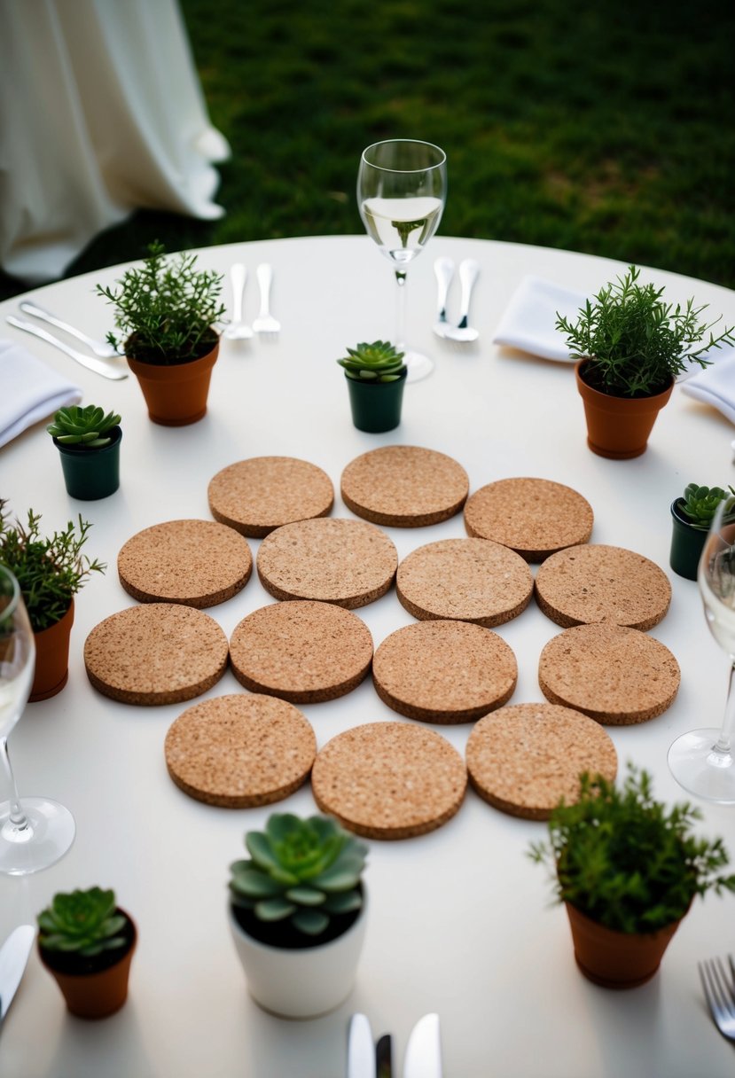 Sustainable cork coasters arranged in a circular pattern on a wedding table, surrounded by fresh greenery and small potted plants