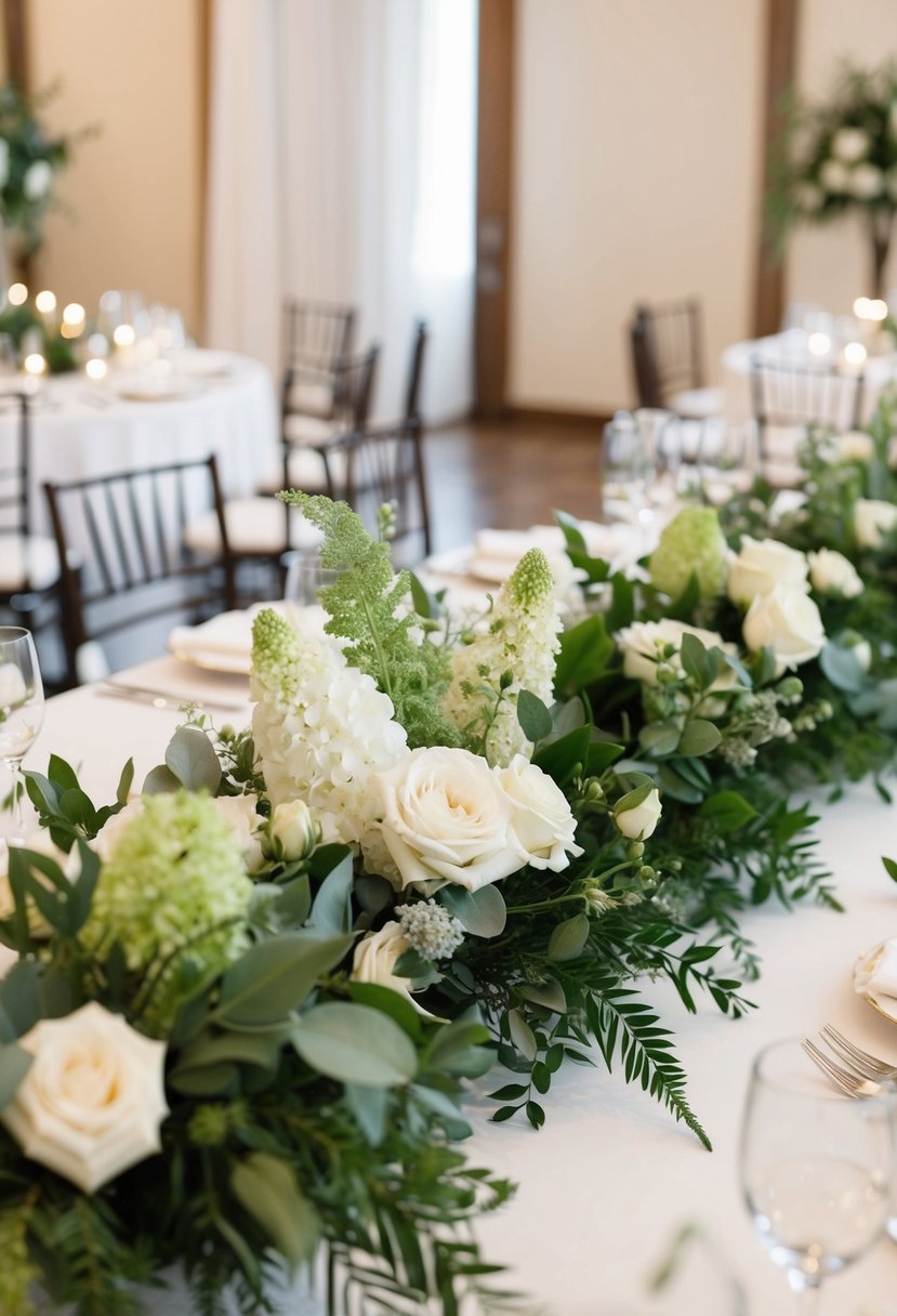 Lush ivory and sage centerpieces adorn a wedding reception table, exuding a natural and elegant ambiance