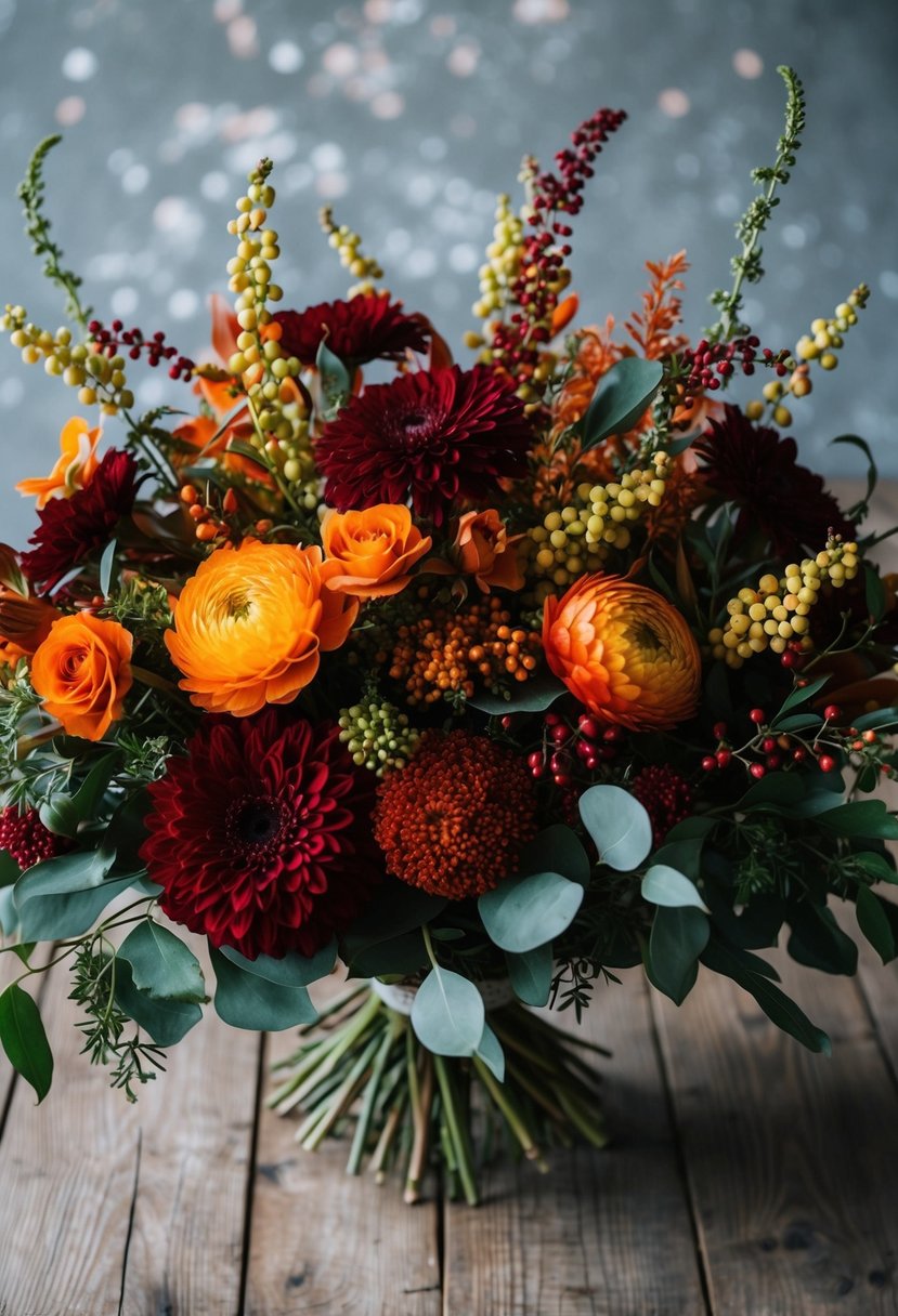 A rustic wooden table adorned with a lush bouquet of deep red, orange, and yellow flowers, intertwined with greenery and delicate berries