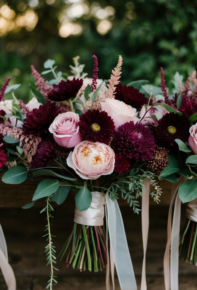 A collection of burgundy and blush flowers arranged in a loose, organic style bouquet, with touches of greenery and delicate trailing ribbons