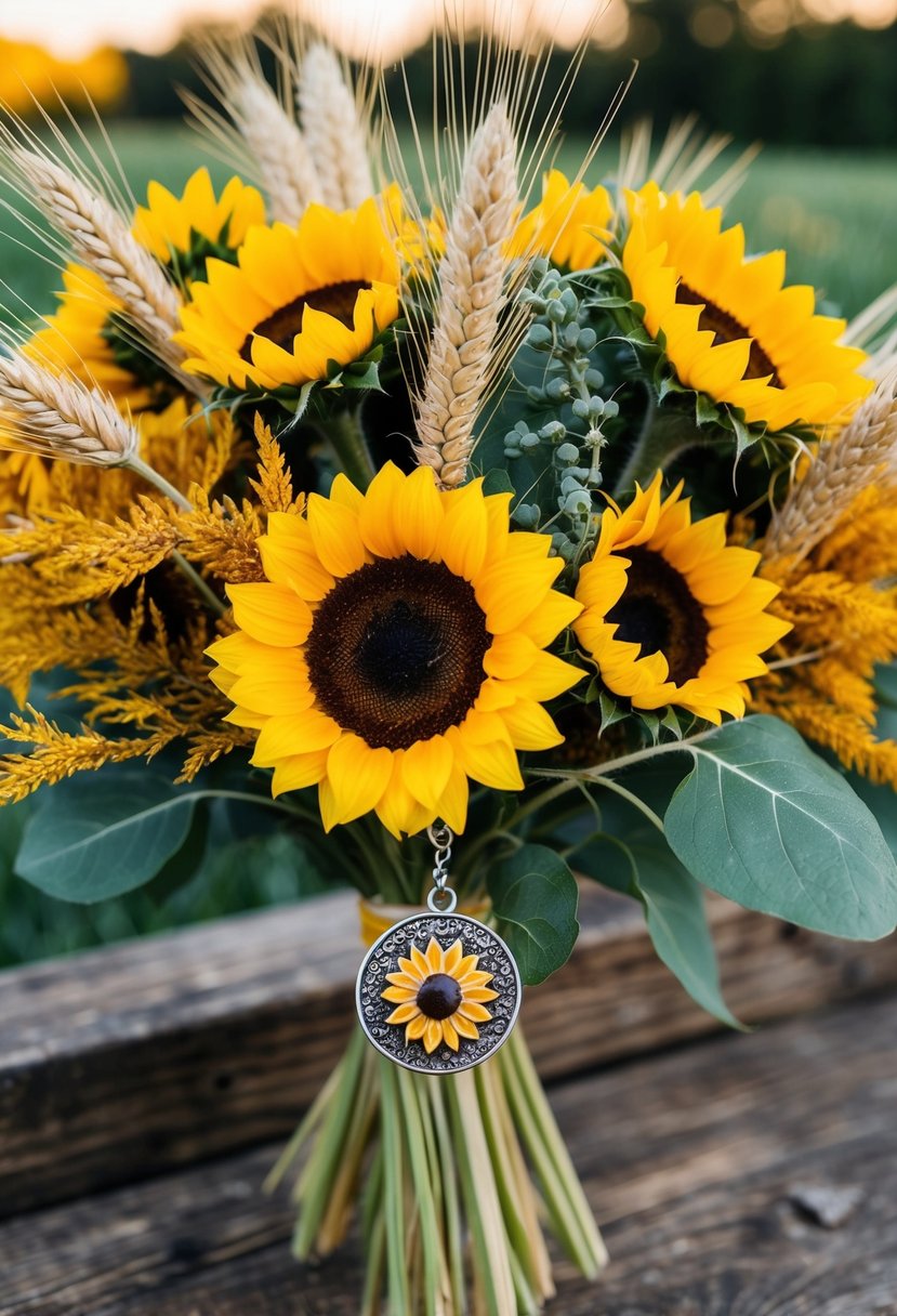 A rustic bouquet of sunflowers, wheat, and golden foliage, accented with a charming sunflower charm