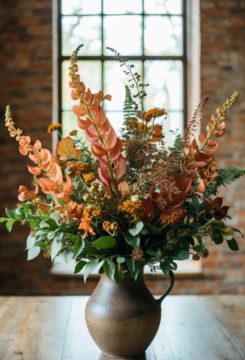 An autumnal bouquet of elegant amaranthus, intertwined with seasonal foliage and delicate blooms, arranged in a rustic vase