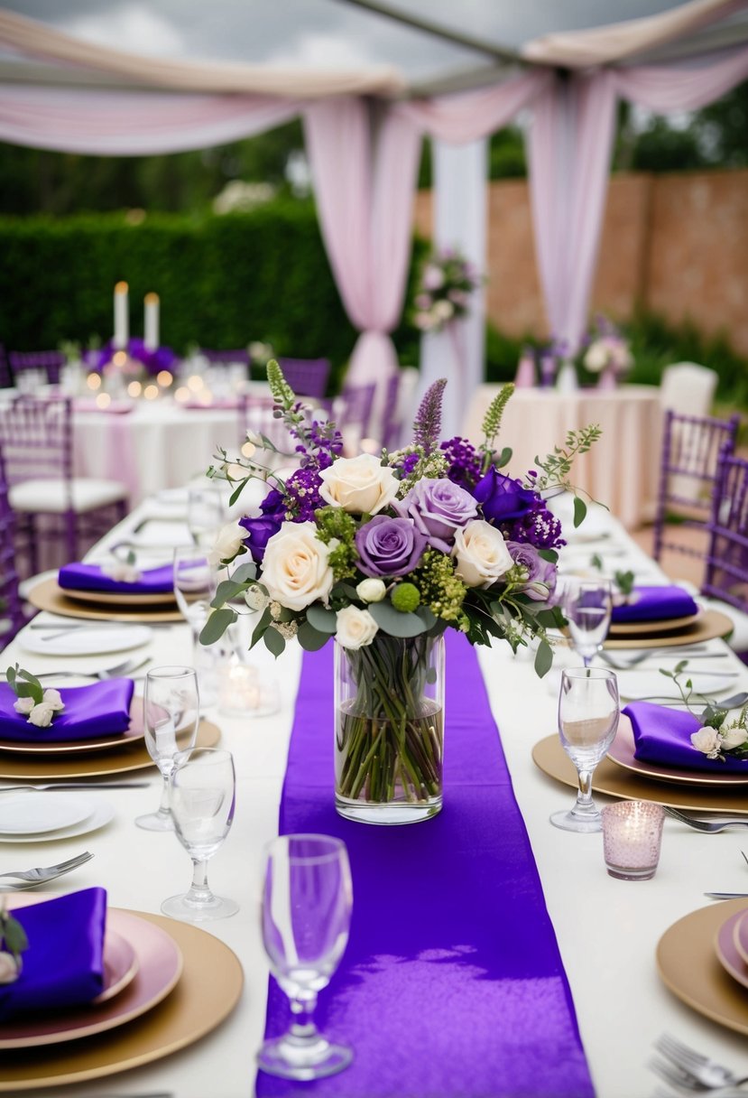 A purple-themed wedding table with floral centerpieces, elegant table runners, and coordinating place settings