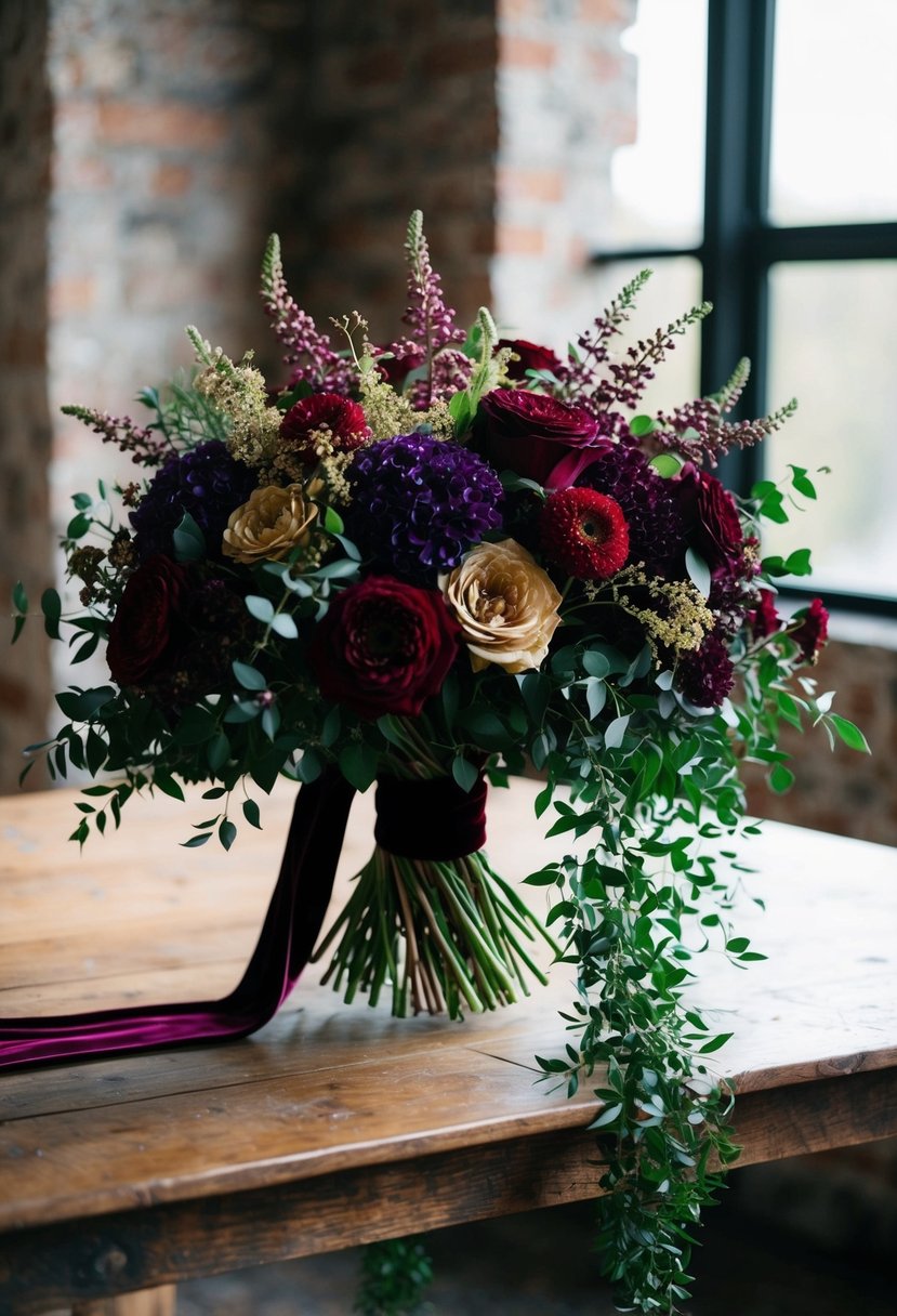 A lush bouquet of deep red, purple, and gold flowers with cascading greenery, tied with a velvet ribbon, sits on a rustic wooden table