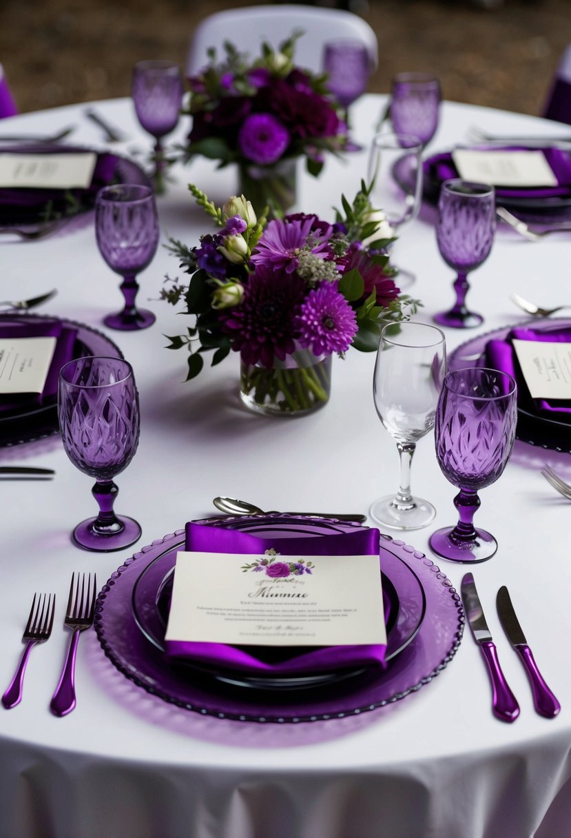 A table set with amethyst glassware, adorned with purple floral centerpieces and matching linens for a wedding reception