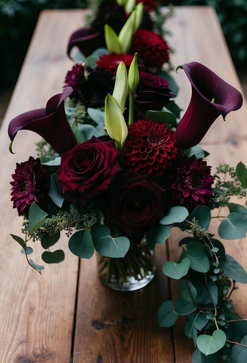 A rustic wooden table adorned with deep burgundy roses, dark crimson dahlias, and rich purple calla lilies, accented with eucalyptus and cascading ivy