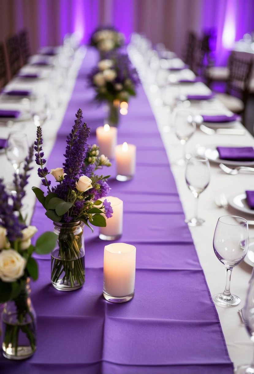 Lavender table runners adorn a wedding reception, adding a touch of elegance and romance to the purple-themed decor