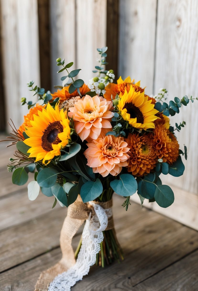 A rustic peach and rust autumn wedding bouquet with sunflowers, dahlias, and eucalyptus, tied with burlap and lace ribbon