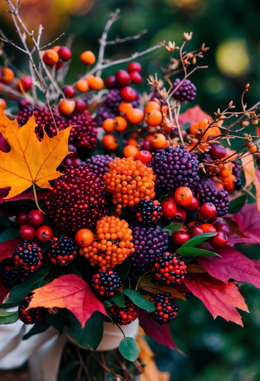 A lush bouquet of deep red, orange, and purple berries, intertwined with vibrant fall leaves and delicate twigs