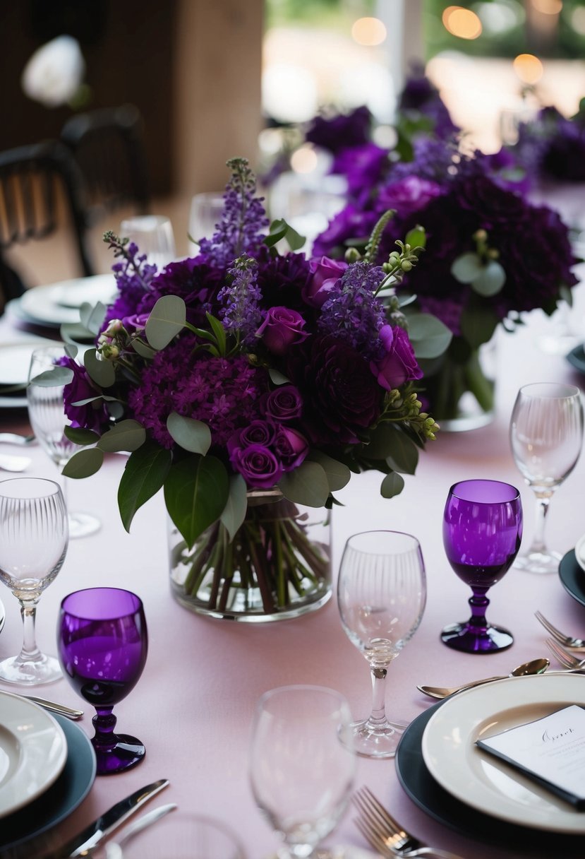 A table adorned with monochromatic purple bouquets for a wedding