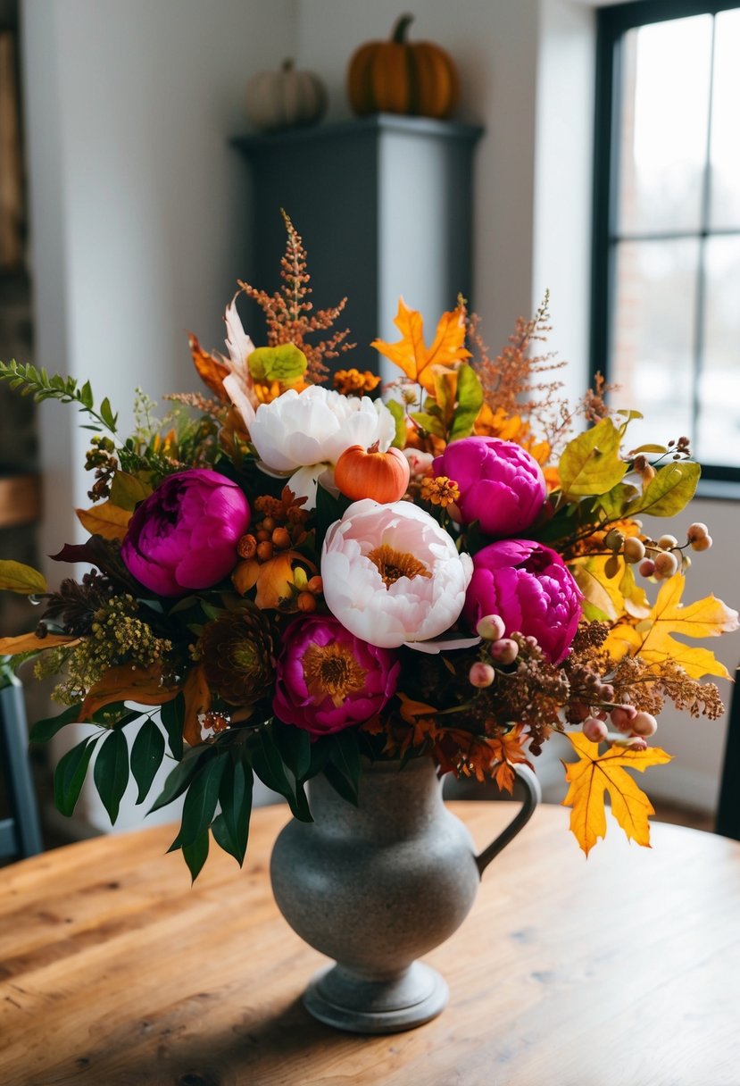 A vibrant bouquet of peonies, roses, and autumn foliage arranged in a rustic vase on a wooden table