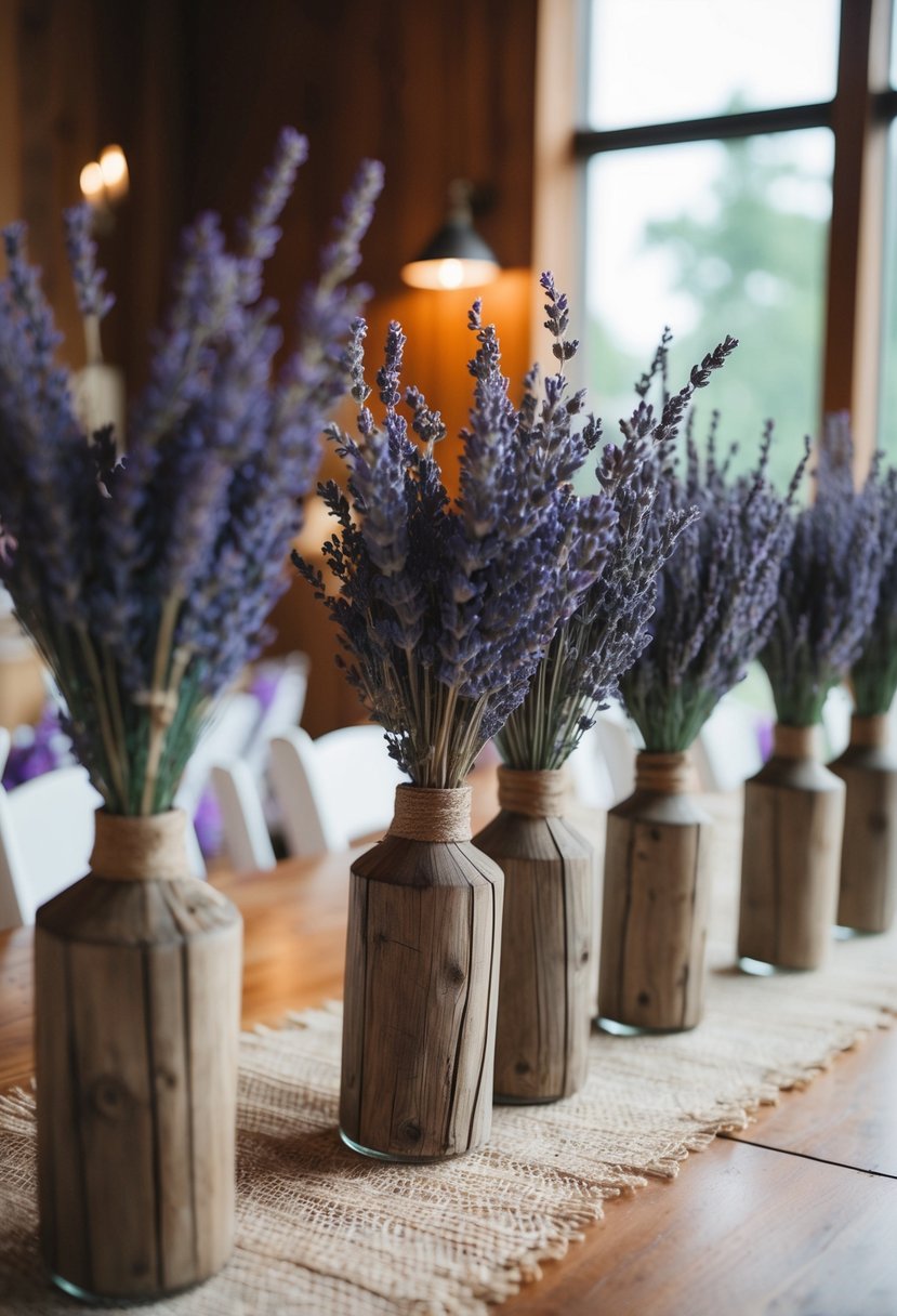 A wooden table adorned with dried lavender arrangements in rustic vases, creating a purple-themed wedding decor