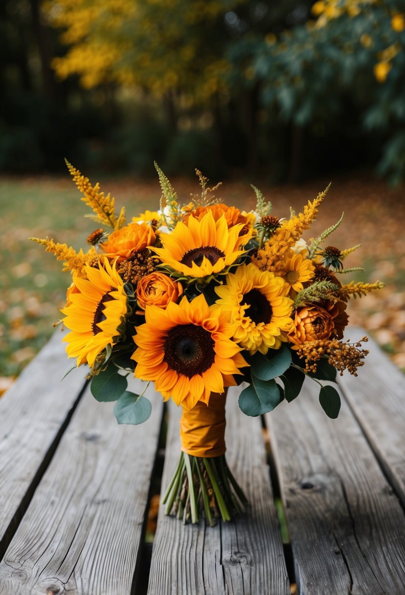 A rustic wooden table adorned with a charming amber yellow autumn wedding bouquet, featuring sunflowers, dahlias, and goldenrod