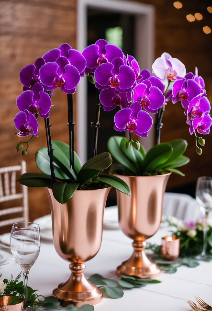 Purple orchids arranged in rose gold vases as wedding table decorations