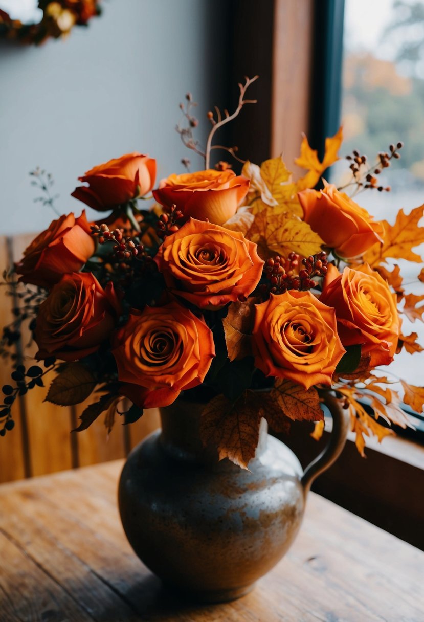 A bouquet of burnt orange roses and fall foliage arranged in a rustic vase