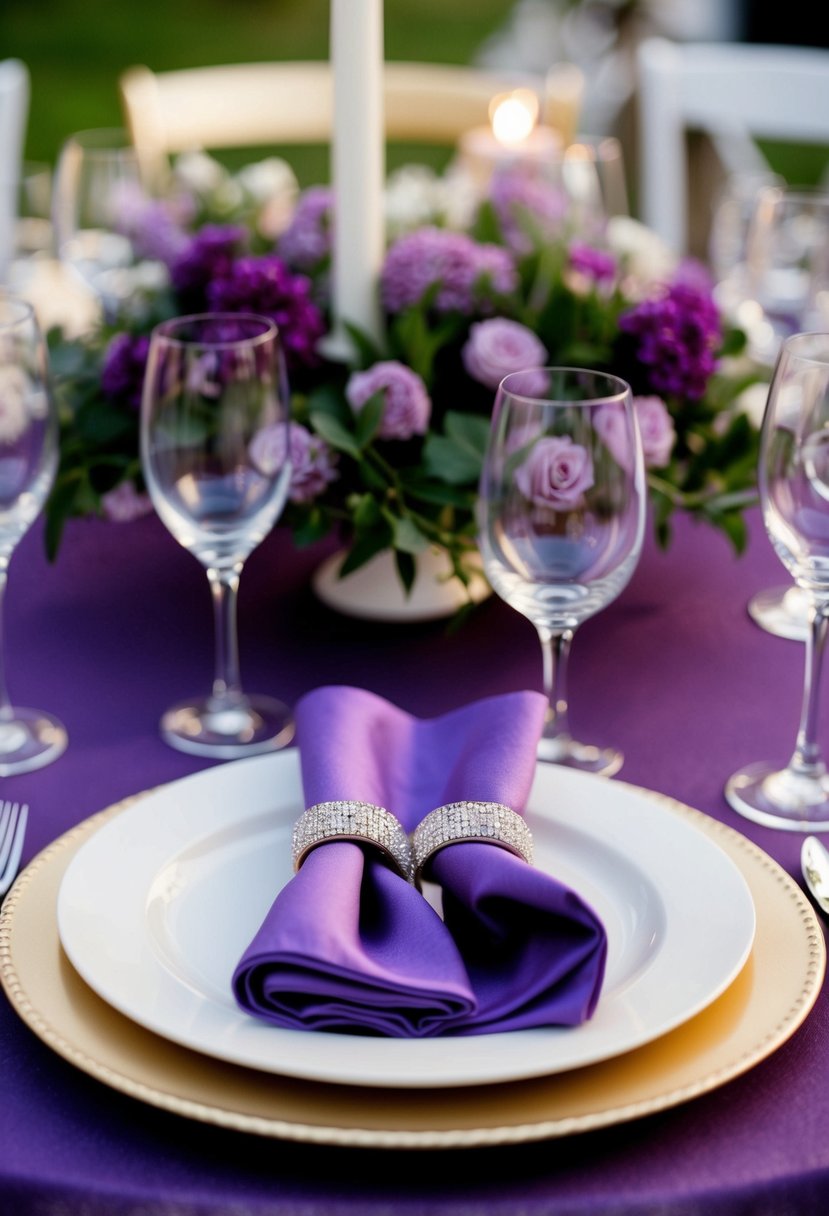 A table set with lilac napkin rings, complementing purple wedding decor