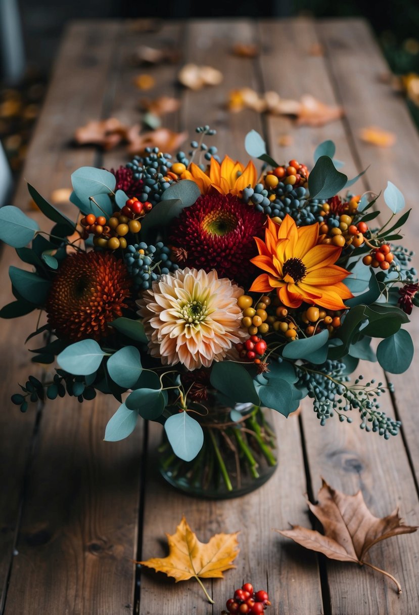 A rustic wooden table adorned with a lush bouquet of autumn-hued mums, eucalyptus, and berries, with a scattering of fallen leaves