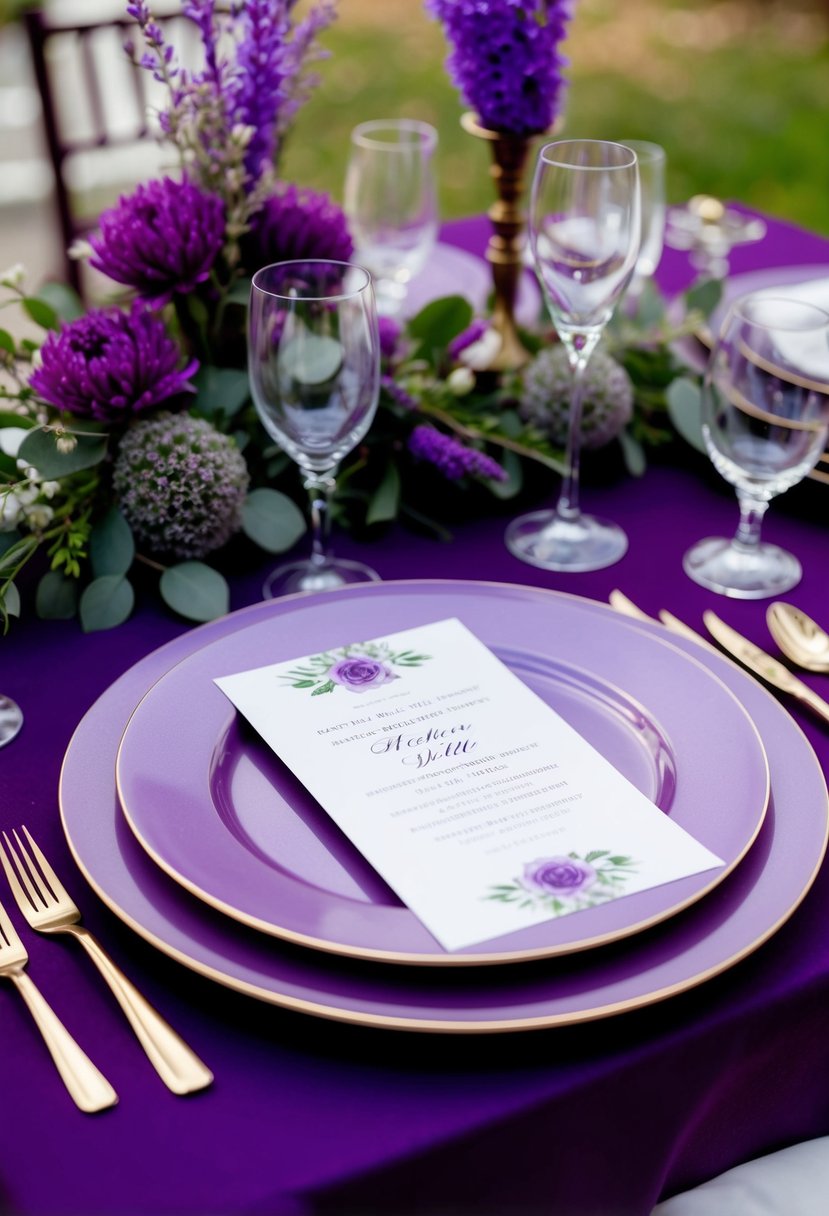 A table set with heather and violet plate chargers, adorned with purple wedding decorations