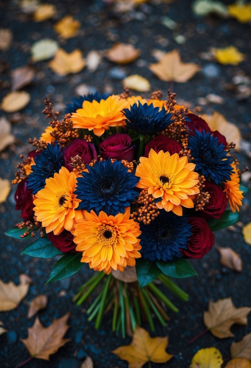 A bouquet of autumn flowers with navy blue highlights, surrounded by fallen leaves and small branches