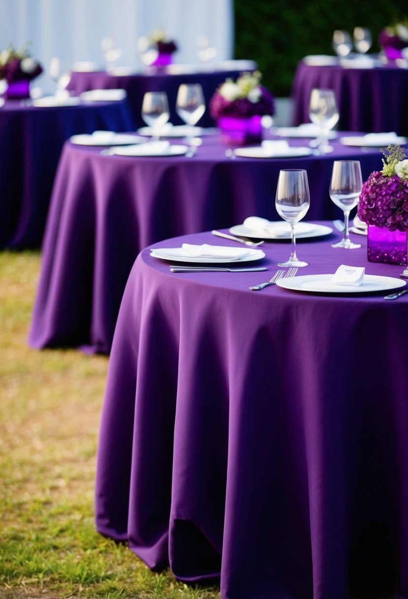 Eggplant-colored tablecloths draped over tables with purple centerpieces and decorations for a wedding