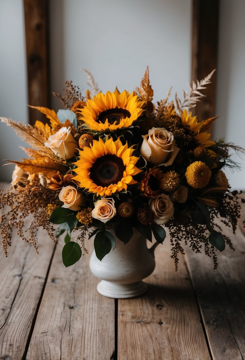 A rustic wooden table adorned with a lush autumn bouquet featuring warm golden tones of sunflowers, roses, and dried foliage