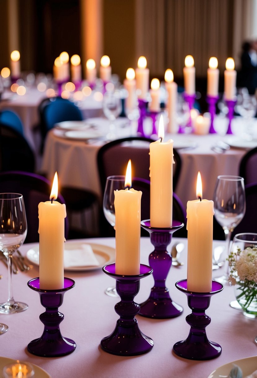 Ivory candles in purple holders illuminate a wedding table, creating a romantic and elegant atmosphere