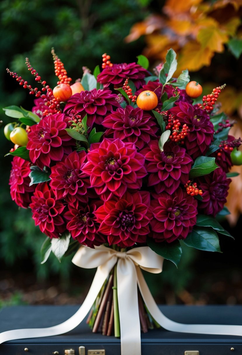 A lush bouquet of deep red dahlias, accented with autumn foliage and berries, tied with a satin ribbon