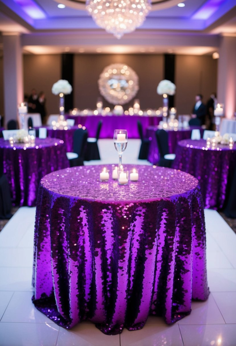 A glamorous purple sequin table overlay adorns a wedding reception table, adding a touch of elegance and sparkle to the decor