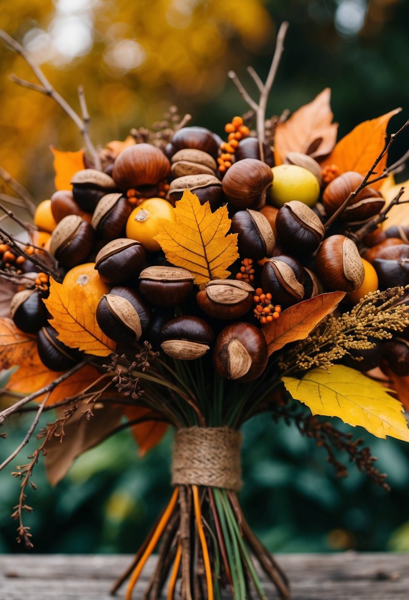 A rustic bouquet of chestnuts, dried leaves, and twigs arranged in a harmonious display, with pops of orange and yellow, evoking the essence of an autumn wedding