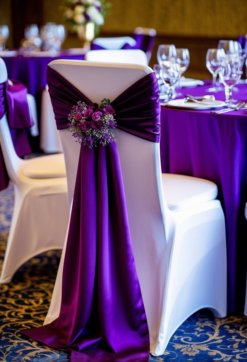 A rich plum chair sash drapes elegantly over a purple wedding table, adding a touch of opulence to the decor