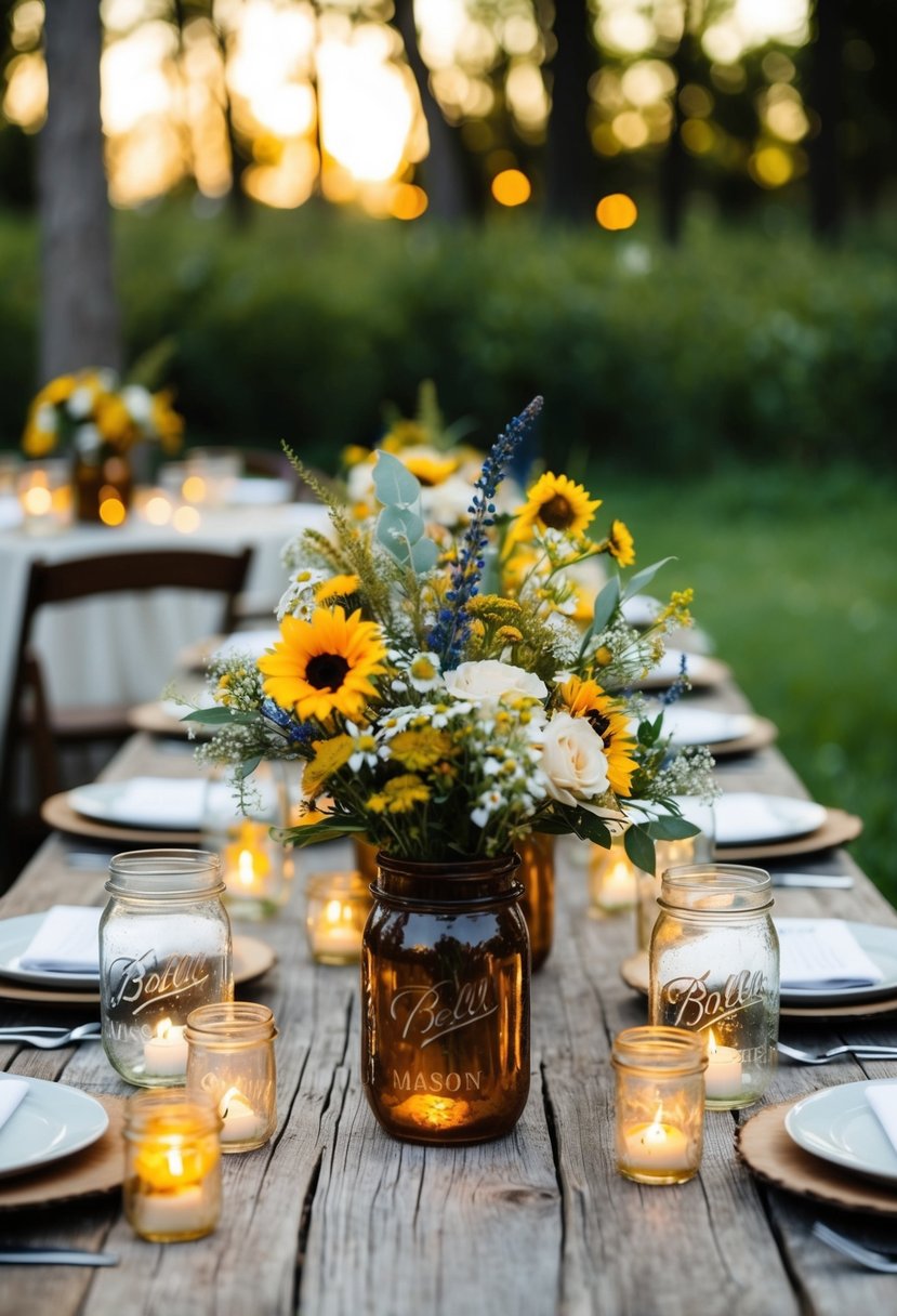 A rustic table adorned with mason jar centerpieces, wildflower bouquets, and flickering tea lights