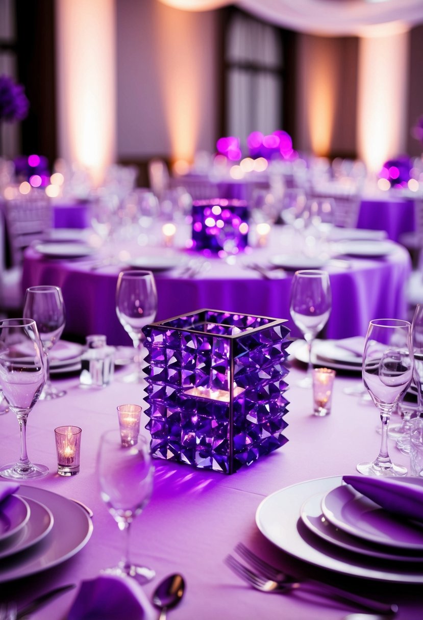 A table adorned with violet crystal centerpieces, casting a purple glow over the wedding reception