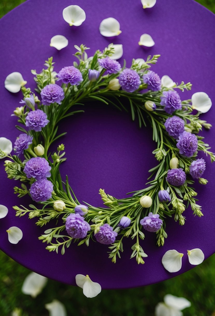 A periwinkle floral wreath adorns a purple wedding table with delicate petals and greenery