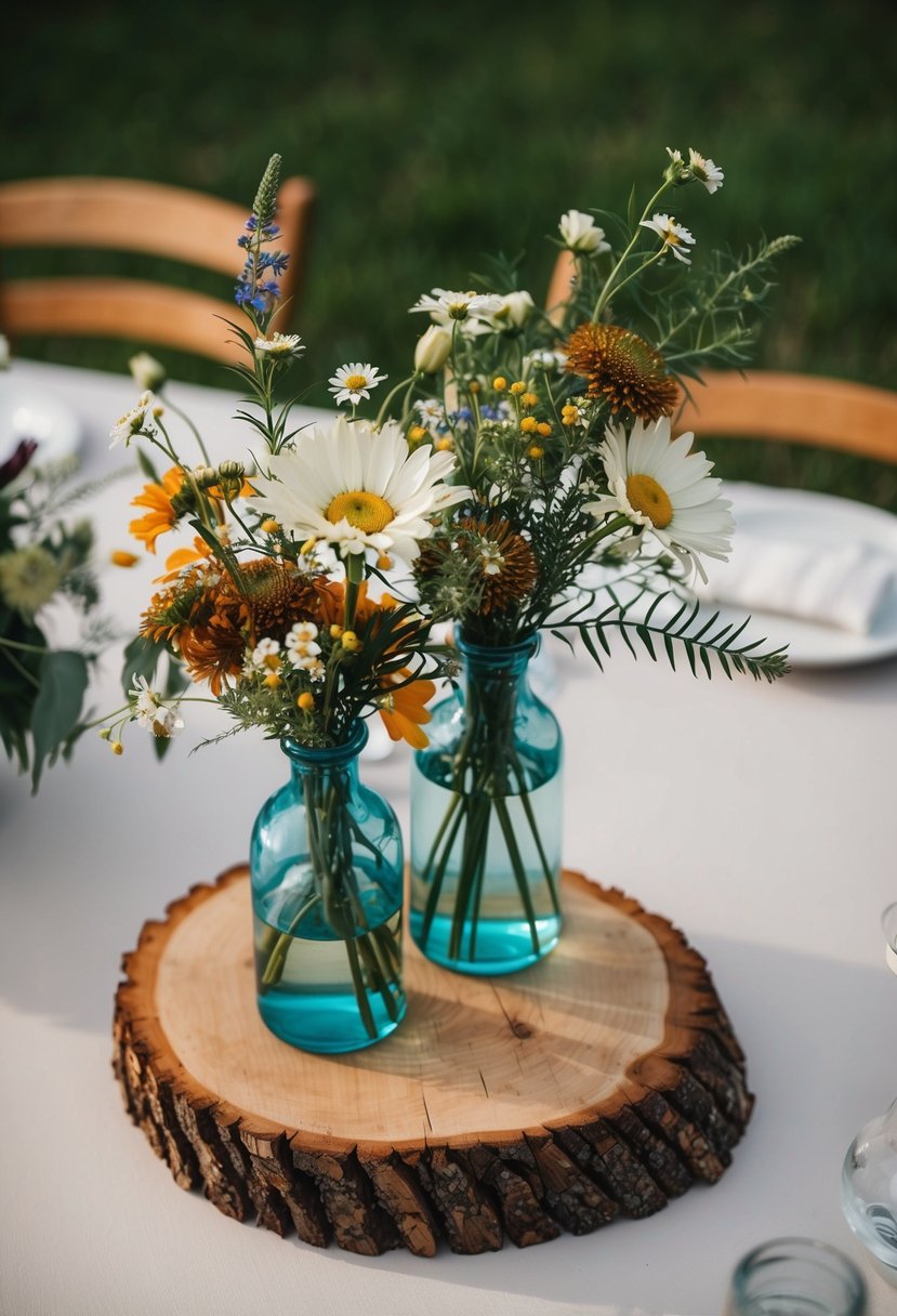 Rustic wood slices topped with vases of wildflowers on a wedding table