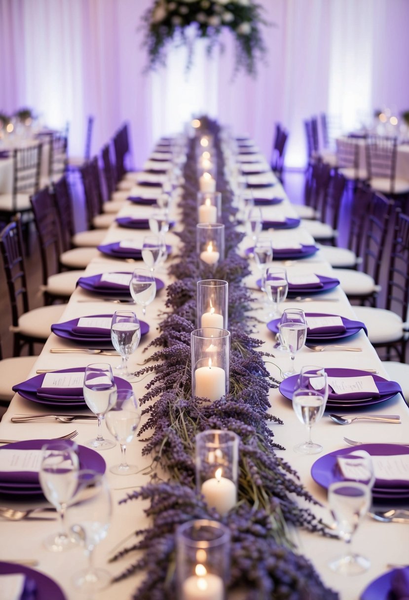 A long table adorned with lavender and pearl garlands, creating a romantic and elegant atmosphere for a purple-themed wedding celebration