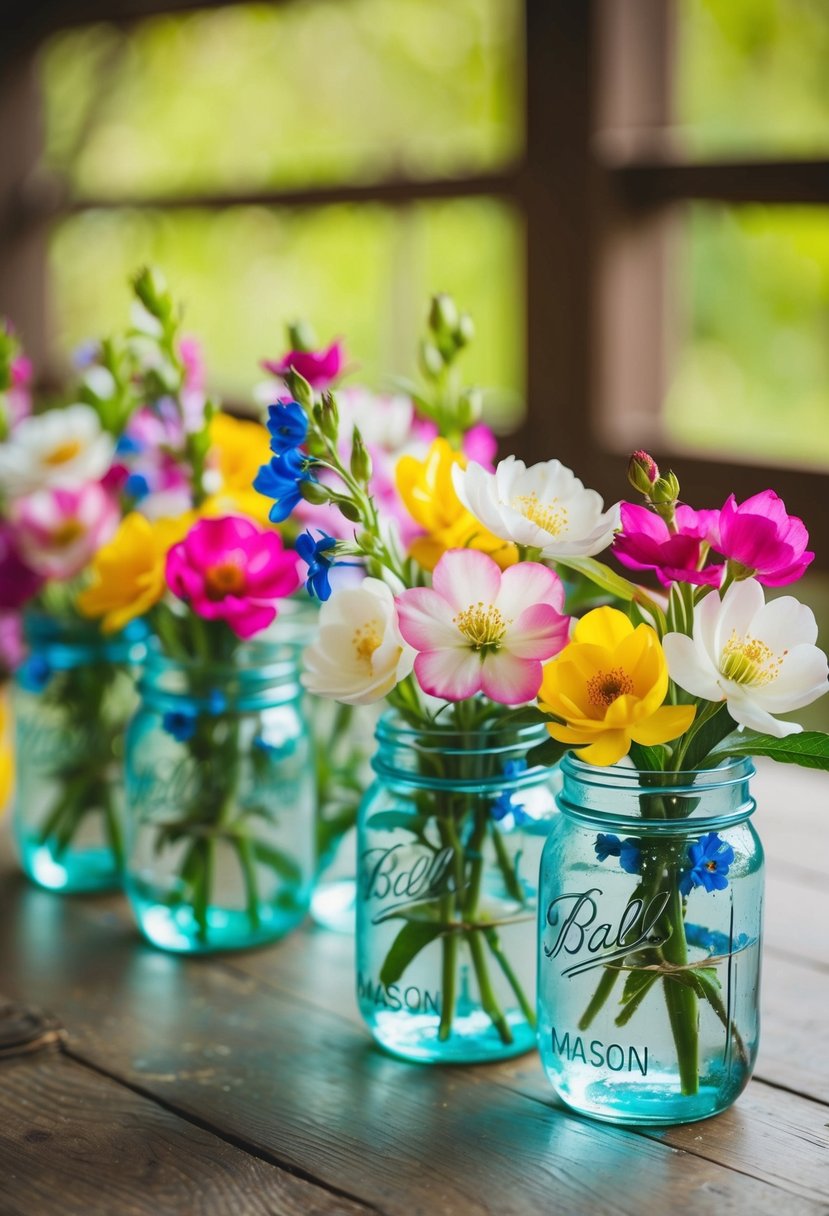 Mason jars filled with colorful blossoms arranged on a rustic wooden table for a DIY wedding decoration