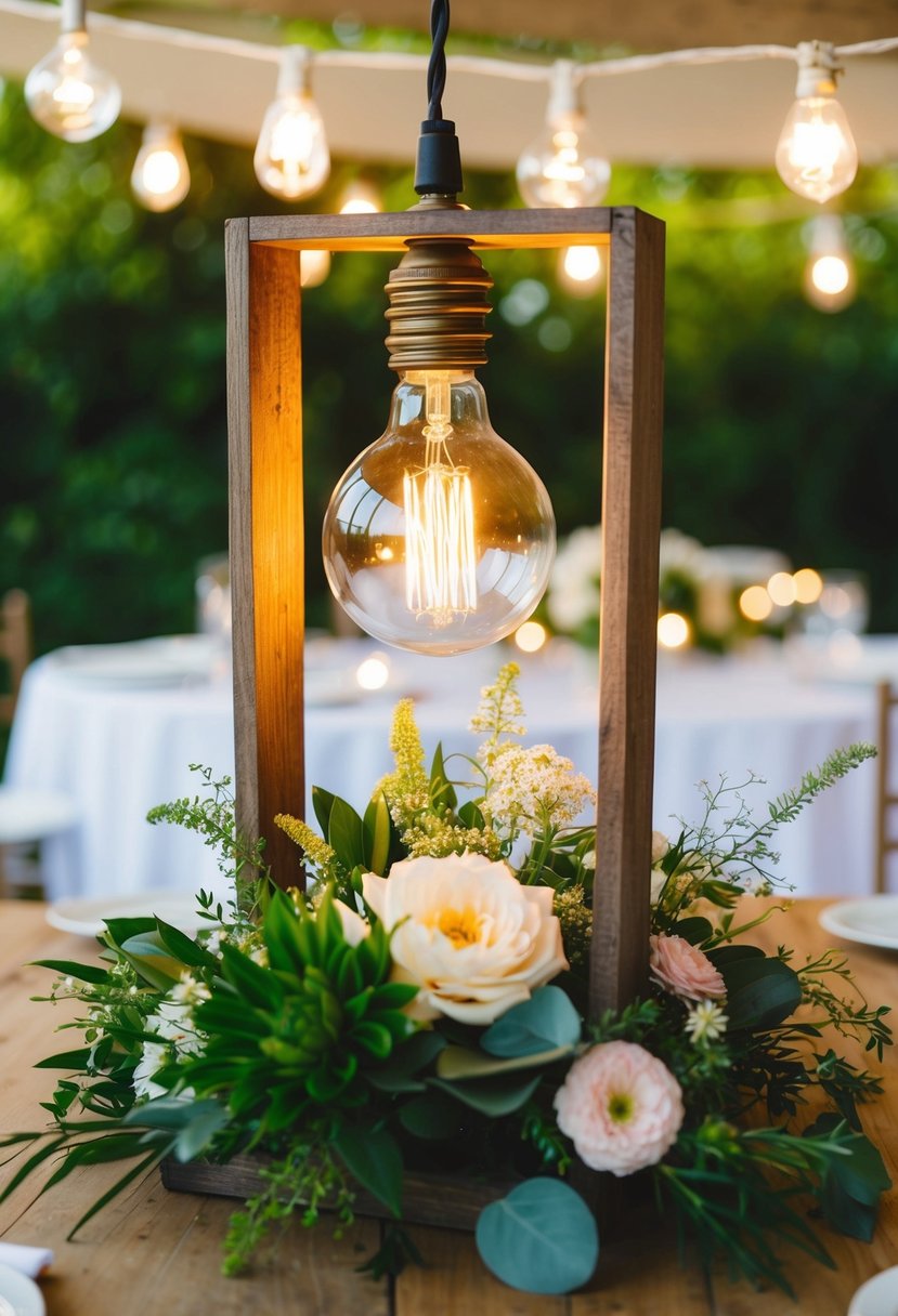 An Edison lightbulb hangs from a rustic wooden frame, surrounded by greenery and delicate flowers, serving as a unique centerpiece for a wedding table