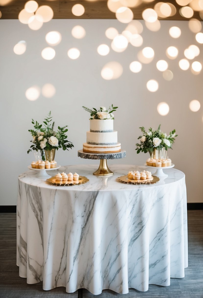 A dessert table adorned with a marble slab display, featuring elegant DIY wedding table decorations