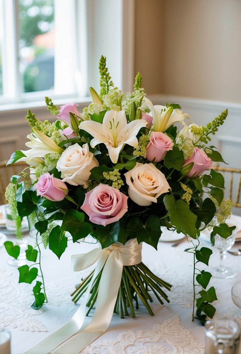 A table adorned with a lush bouquet of roses, lilies, and ivy, tied with a satin ribbon and delicate lace