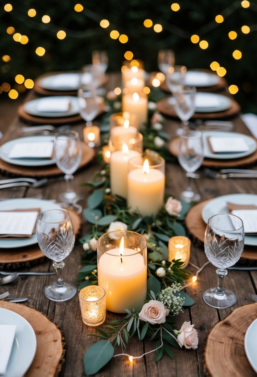 A rustic wooden table adorned with handmade candle centerpieces, surrounded by delicate floral arrangements and twinkling fairy lights