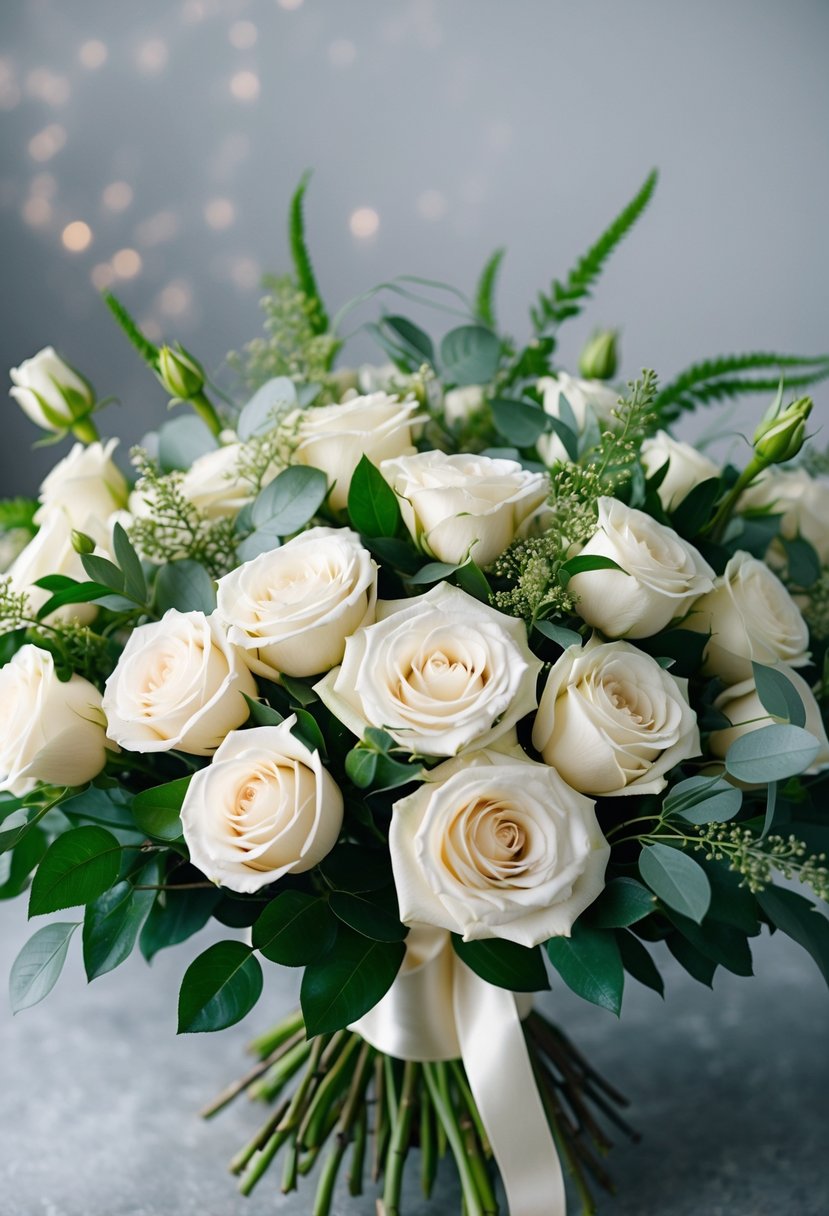 A lush bouquet of classic ivory roses, accented with delicate greenery, tied with a satin ribbon